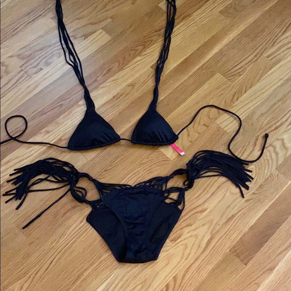 Black Fringe Tie-Side Bikini Set - Women's Swimwear